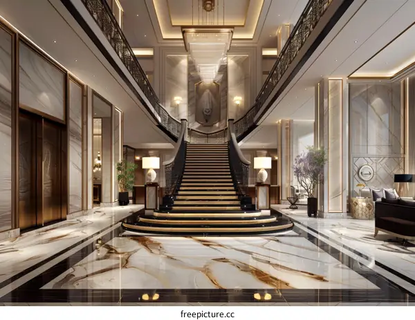 Luxury Grand Hotel Lobby with Grand Staircase