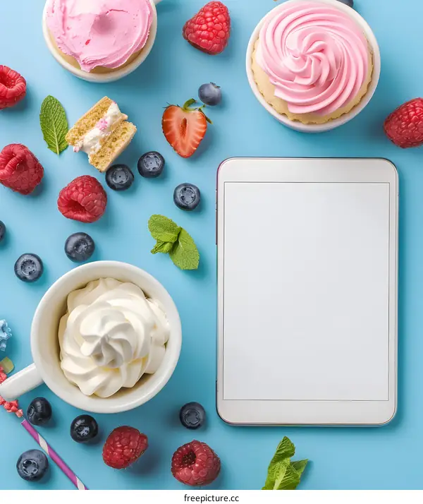 Flat Lay with Tablet and Sweet Treats on Blue Background