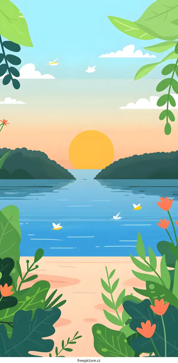 Sunset Illustration Over the Sea with Green Leaves and Flowers