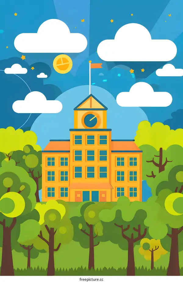 Cartoon School Building with Green Trees and Clouds