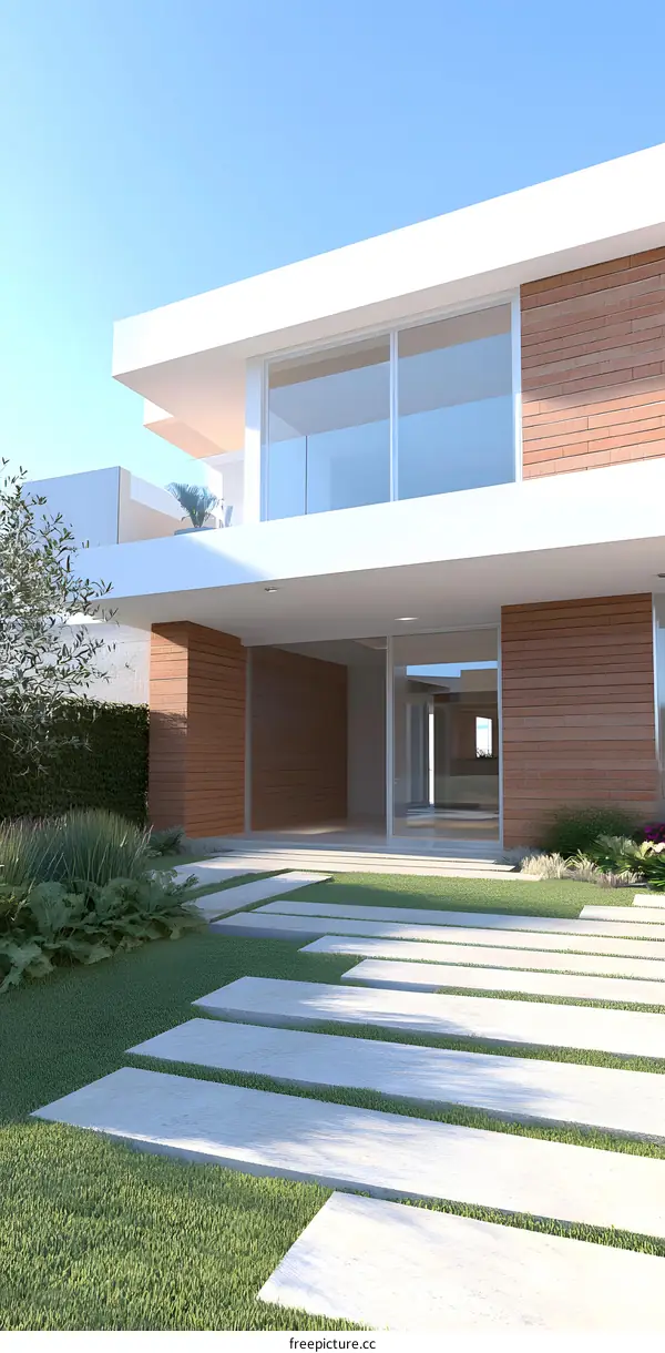 Modern Home Exterior Design With Brick Walls And Green Grass