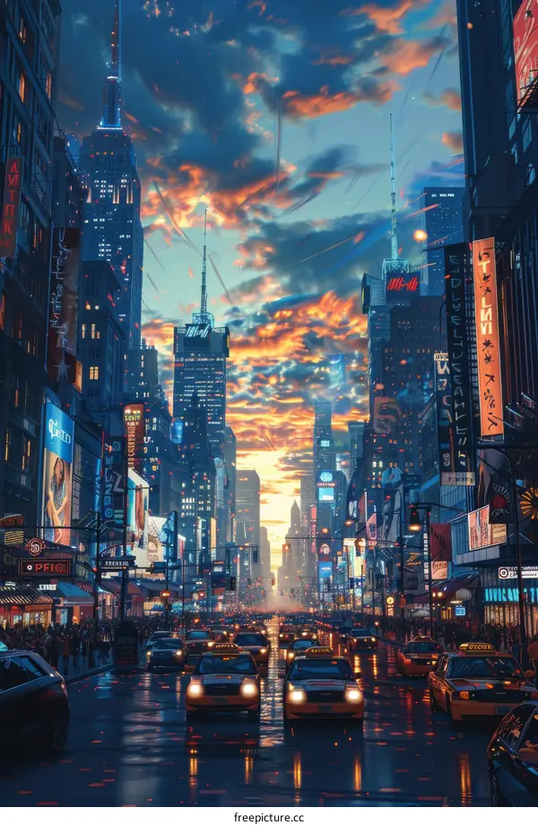 Rainy Night Cityscape Illustration with People