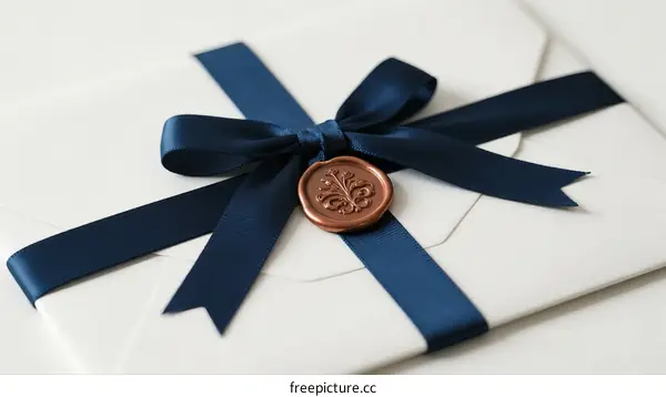 Elegant White Envelope Tied with Navy Blue Ribbon and Wax Seal