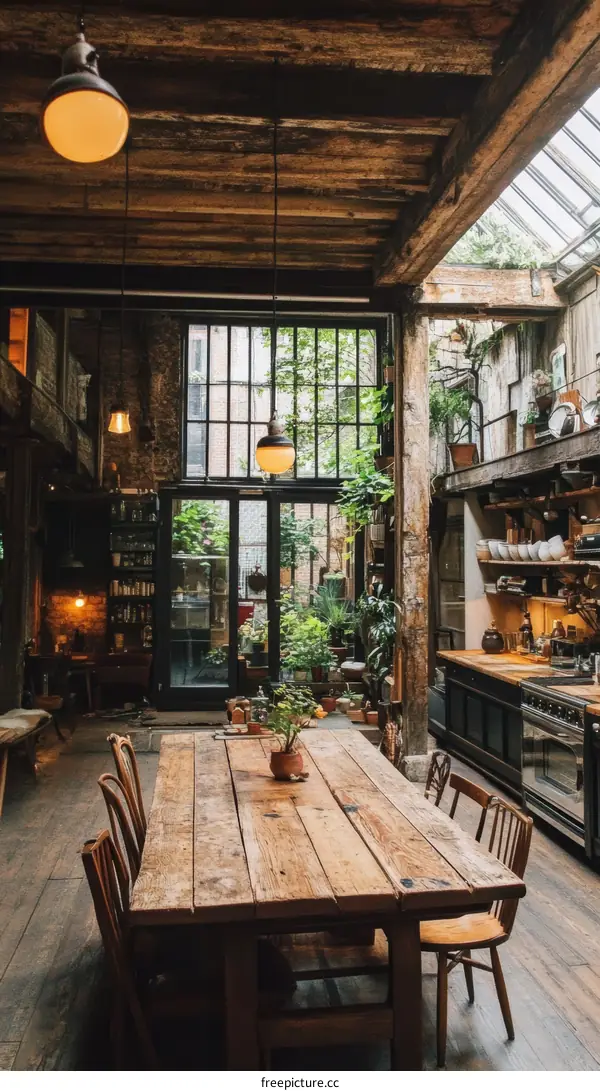 Rustic Industrial Dining Space with Multiple People