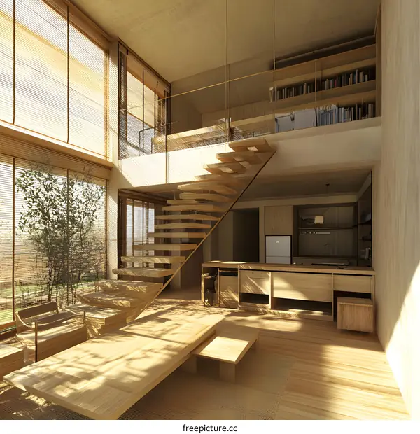 Modern Wooden House Interior Design with Stairs and Sunlight