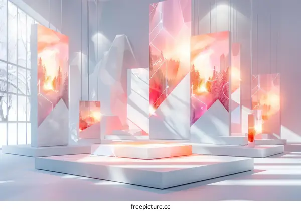 Geometric shapes and podiums in an exhibition space