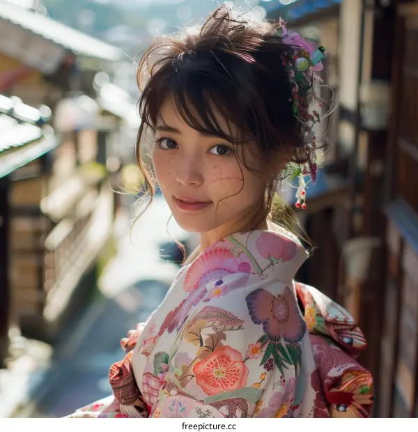 Beautiful Asian Woman in Traditional Kimono in Japan