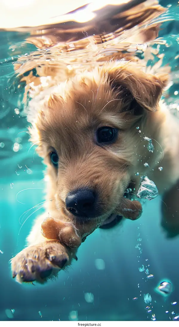 A Golden Retriever puppy swims underwater with a bone in its mouth