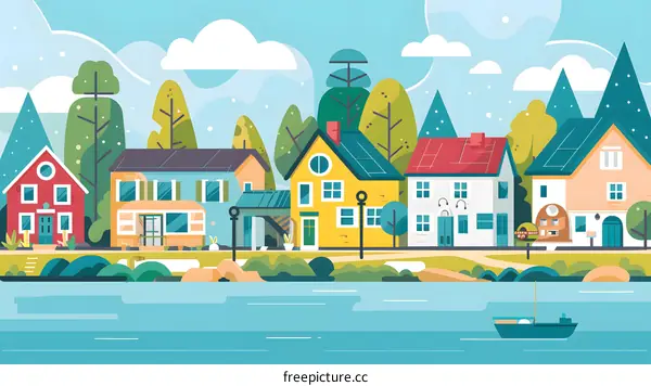 Colorful Houses Near a Lake With Trees and Clouds