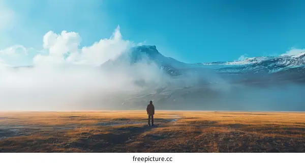 alone man standing in a large field looking at a foggy mountain