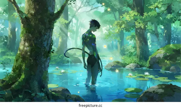 A Mysterious Boy Standing in a Lush Forest Pond with Glowing Lights
