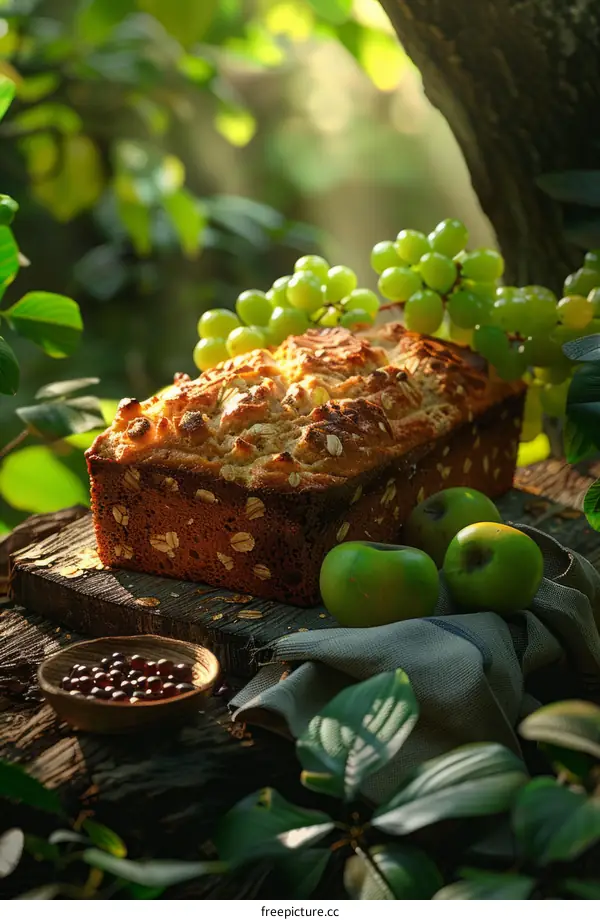 Close-up of homemade bread with grapes and apples in the forest