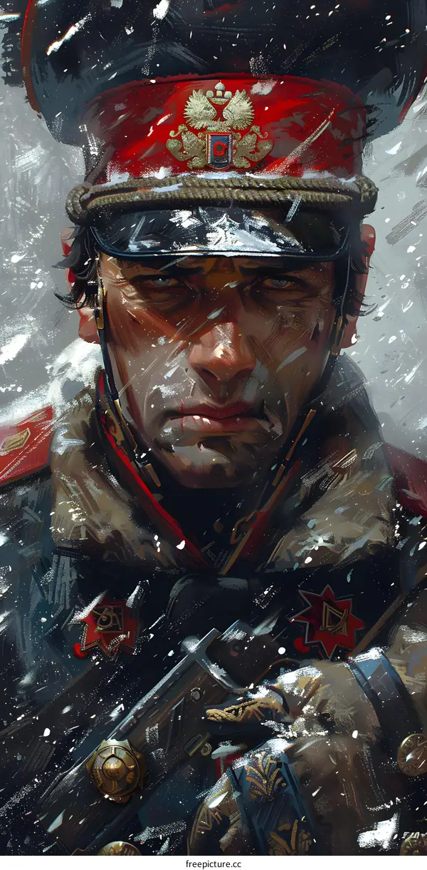 Portrait of a Russian soldier in a snowy forest