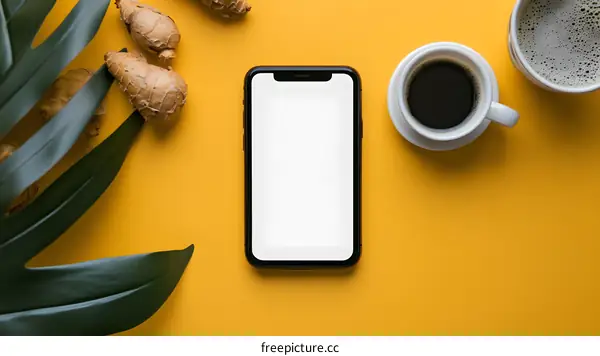 Flat Lay of Coffee, Ginger, Leaf and Phone on Yellow Background