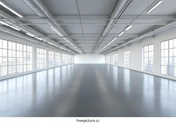 Empty Industrial Style Room with Windows and Cityscape
