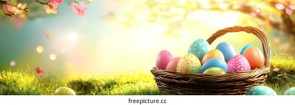 Colorful Easter Eggs in a Basket Spring Background