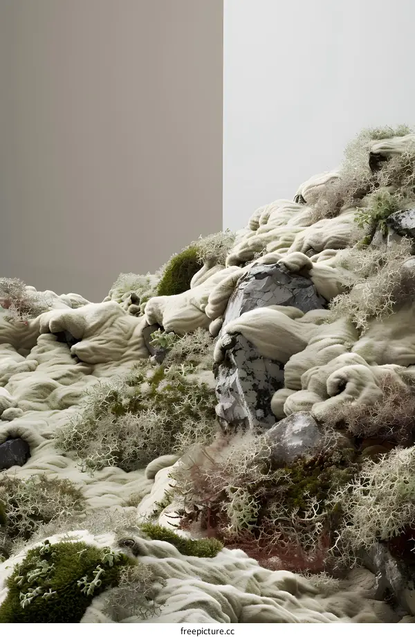 Abstract Mossy Rock Formation with Grey and Beige Background