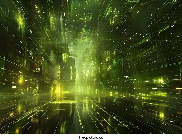 Futuristic Cityscape with Green Lights