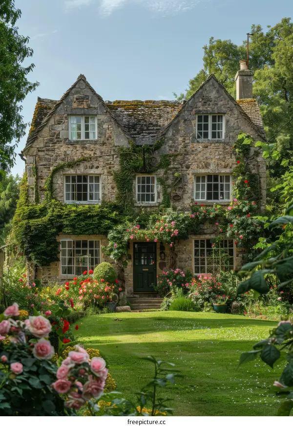 Idyllic Stone Cottage with a Garden Overflowing with Flowers