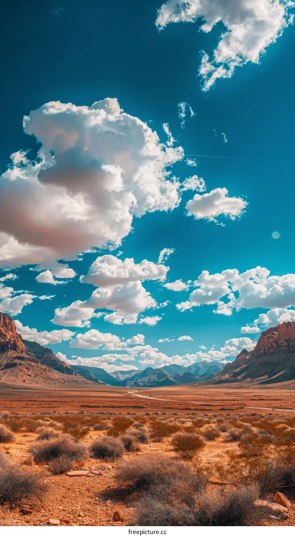 Arid desert landscape with large white clouds and blue sky