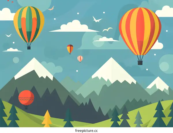 Hot Air Balloons Flying Over Mountains Landscape Illustration