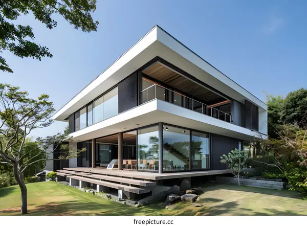 Modern House with Large Glass Windows and a Deck