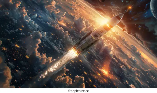 A rocket ship is launching from Earth and going into space