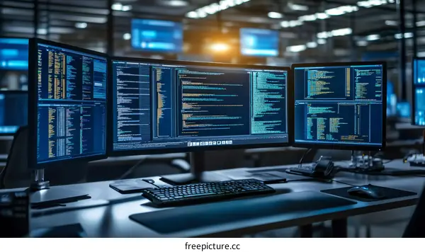 Multiple Computer Screens Displaying Code