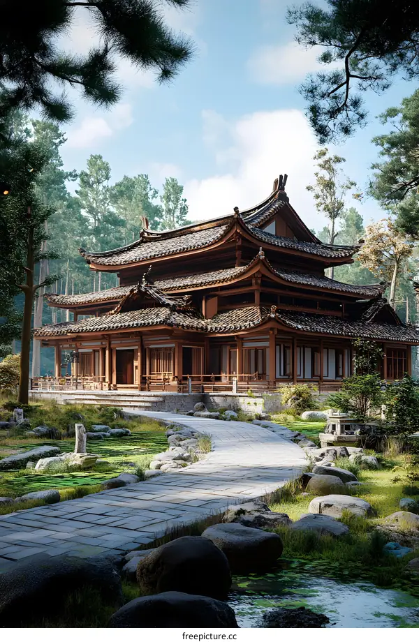 Traditional Chinese Architecture Surrounded by Nature