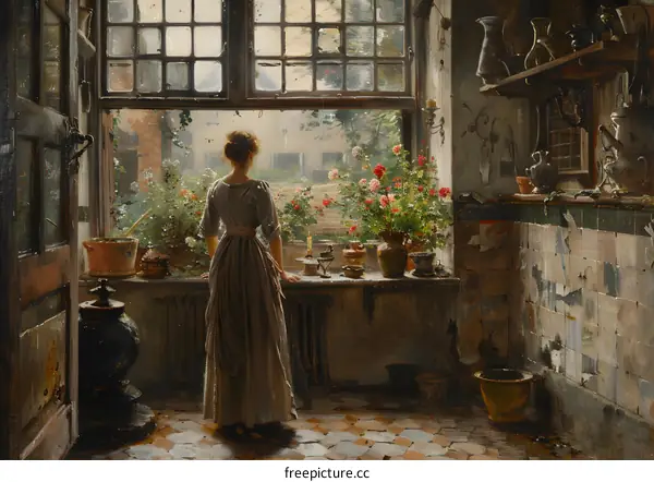 Woman in a Kitchen Looking Out the Window at a Garden