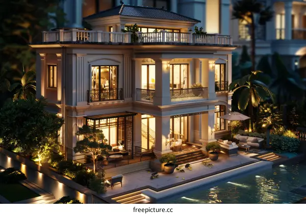 Luxury Villa at Night with Garden and Pool