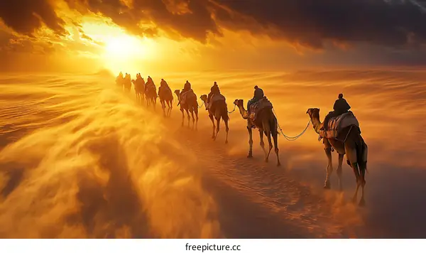 Desert Sunset Camel Caravan Journey