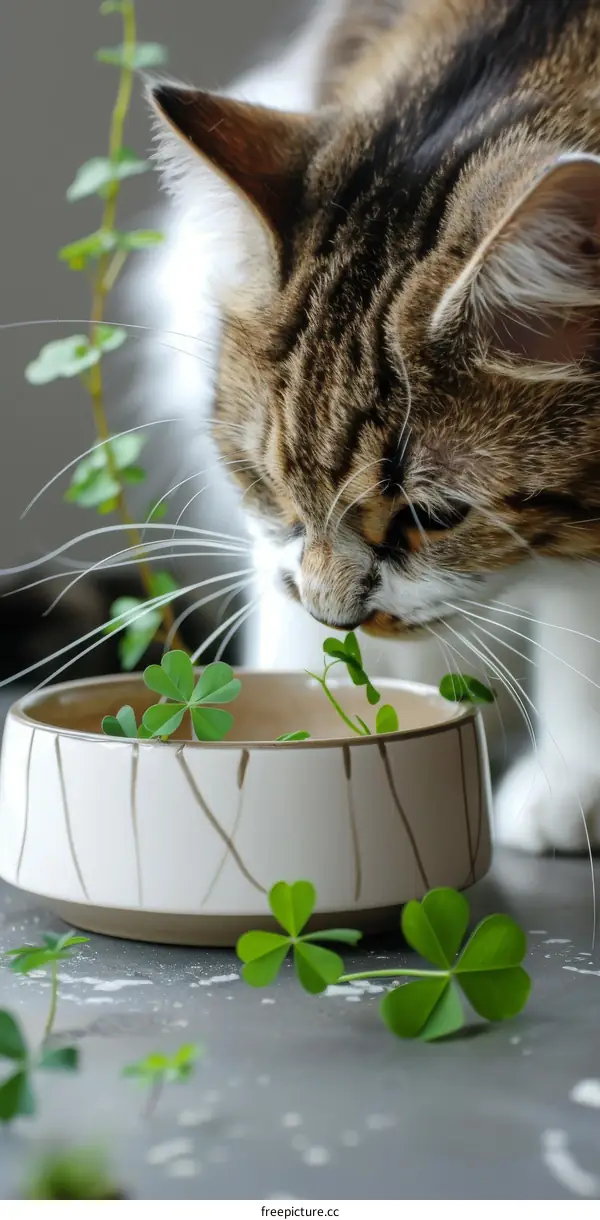 Cat eating a bowl of clover