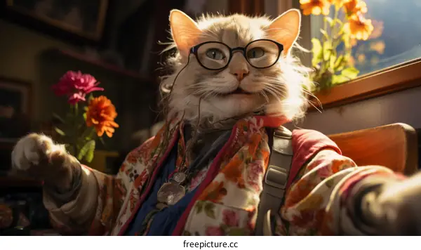 A cat wearing glasses and a floral shirt is sitting in a chair and taking a selfie.