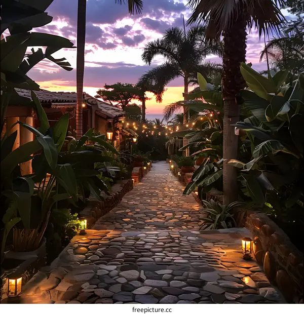 Stone path through a tropical garden at sunset