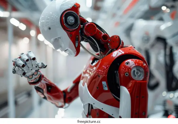 Red and White Robot Examining Its Hand