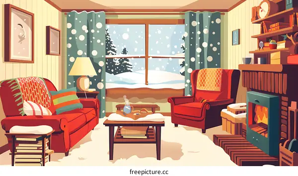 Cozy Living Room with Fireplace and Winter View