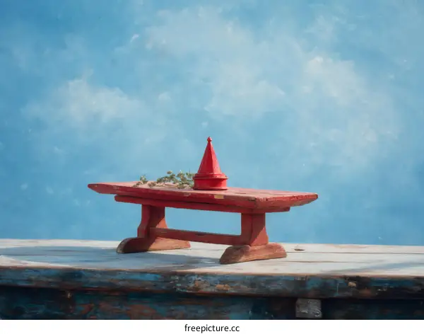 Red Wooden Tabletop Display Against a Light Blue Background