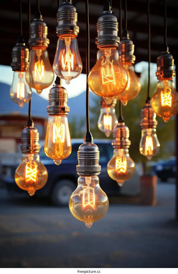 Glowing vintage tungsten light bulbs hanging from wires