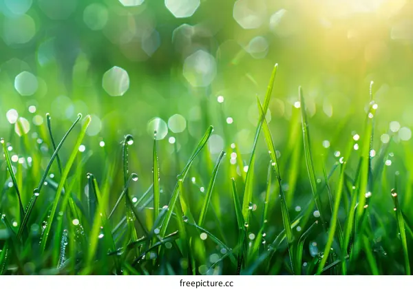 Close-up of green grass with dew drops in the morning sunlight