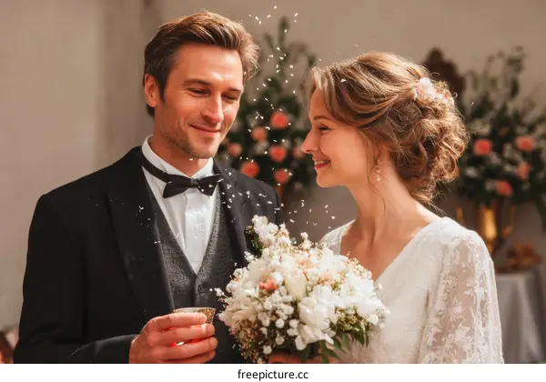 Happy newlyweds sharing toast with confetti in wedding ceremony