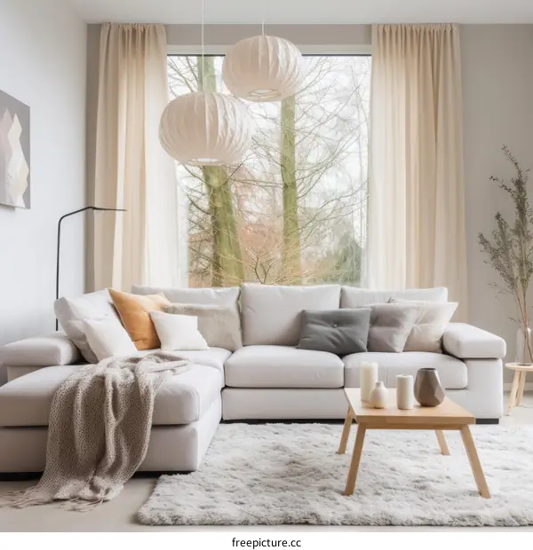 Bright living room with large windows and a comfortable sofa