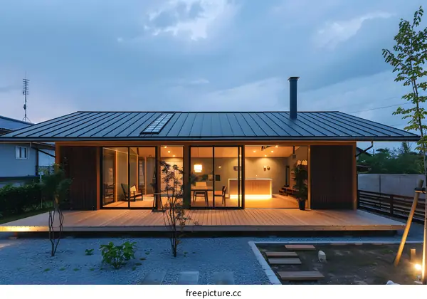 Modern Japanese Style House with Wooden Deck and Skylight