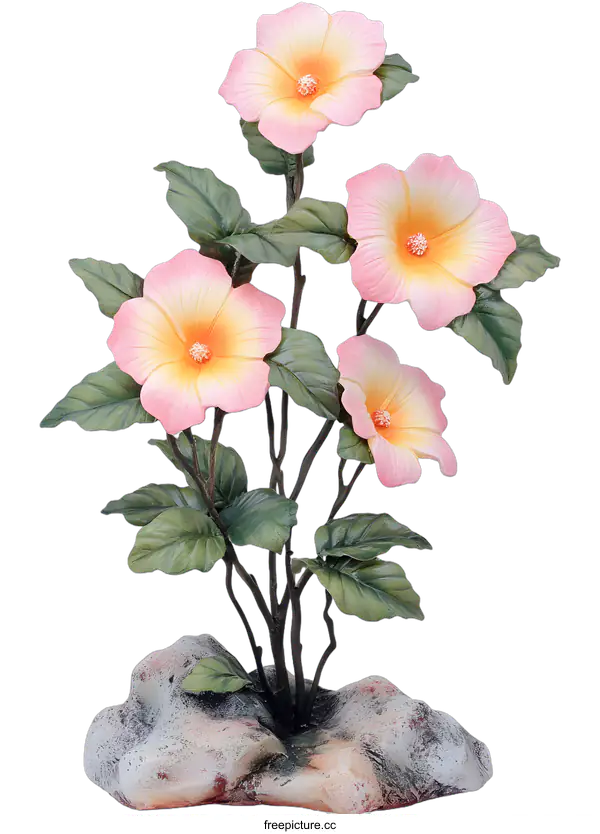 [Transparent Background PNG]Pink Hibiscus Flowers with Green Leaves on a Rock