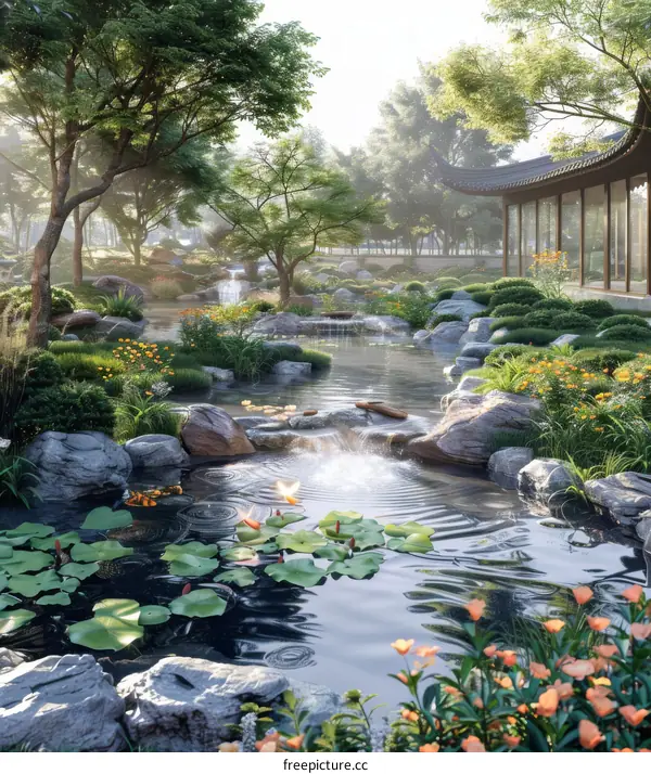 Serene Courtyard with Pond, Trees, and Flowers