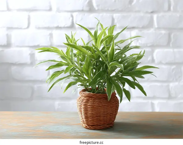 Potted Plant on Wooden Table in Front of White Brick Wall