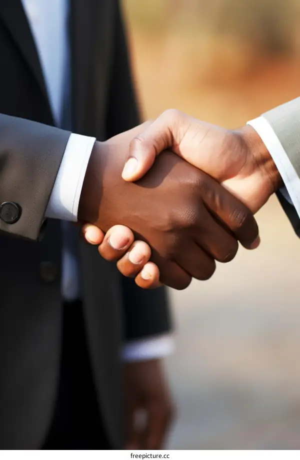 Black Businessmen shaking hands outdoors
