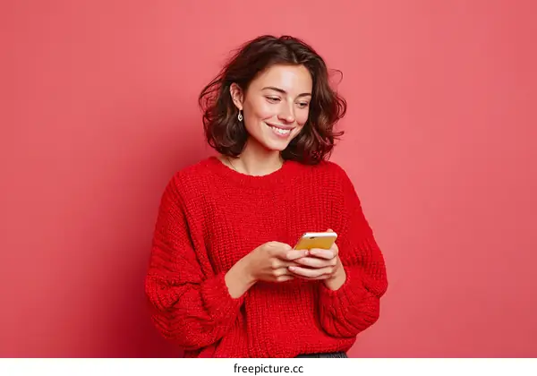 Woman in Red Sweater Using Smartphone