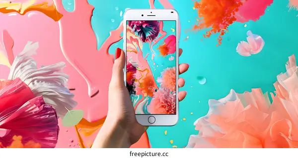 Hand Holding a Smartphone with an Abstract Flower Design Background
