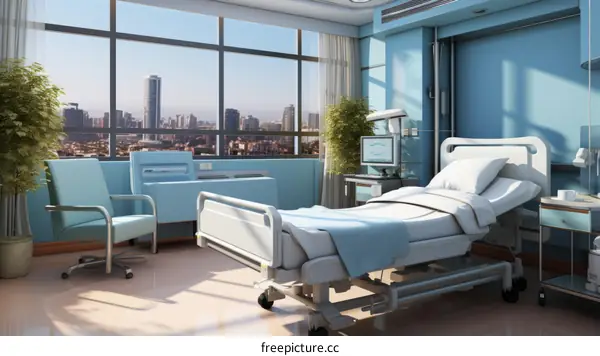 Patient room interior with large windows